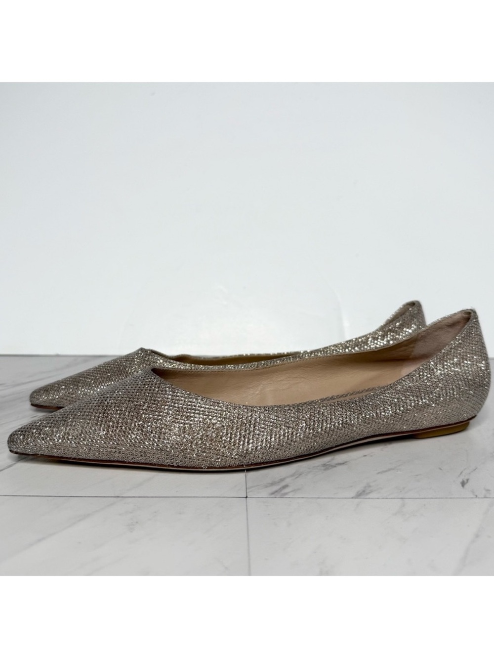 Stuart Weitzman Pointy Toe Gold Sliver Glitter Flat 8B
